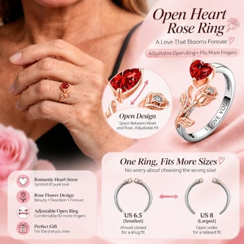 1CT Rose Heart Adjustable Ring 6.5~8 Ruby Ring White Gold Plated Ruby VVS1 D Clarity 18K Rose Gold Gift for Wife Mother Daughter Birthday Wedding Engagement Christmas Anniversary Mothers Day Gift for Mom Bride - Thumbnail 5