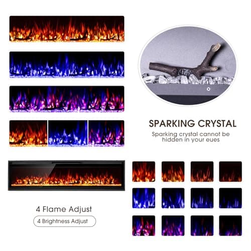 60 Inch Ultra-Narrow Bezel Electric Fireplace,Log & Crystal,Recessed/Wall Mounted,Dual Control,Remote & Touch,750/1500W Heater,Timer,4-Color Flames/Embers & 3-Color Top Lights. - Thumbnail 4