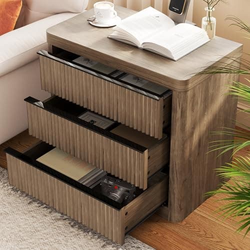 FUSUNBAO Fluted Night Stand with Charging Station,3 Drawers Large End Table with Storage,Natural Nightstand Wood Bedside Tables,Farmhouse Cabinet Dresser for Bedroom,Sofa Table (1, Grey Alder) - Thumbnail 5