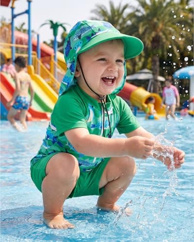 JiAmy Toddler Baby Boys Rash Guard Set with Swim Trunks for Kids 3PCS Short Sleeve Rashguard Swim Set Sunsuits Bathing Suits Green 6-12 Months - Thumbnail 3