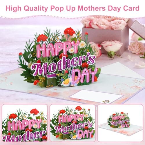 FaCraft 3D Pop Up Mothers Day Card - Handmade Red Carnations & Daisies Flower Greeting Card with White Pearlescent Envelope, Blank Insert, Seal, for Best Mom, Wife, Grandma, Daughter - Thumbnail 2