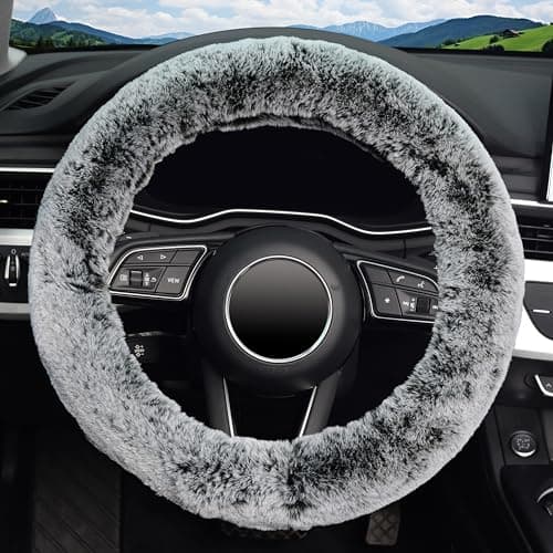 KAFEEK Frost Fluffy Microfiber Plush Steering Wheel Cover for Winter Warm, Universal 15 inch Soft Fuzzy Steering Wheel Cover,Cool Black - Thumbnail 2