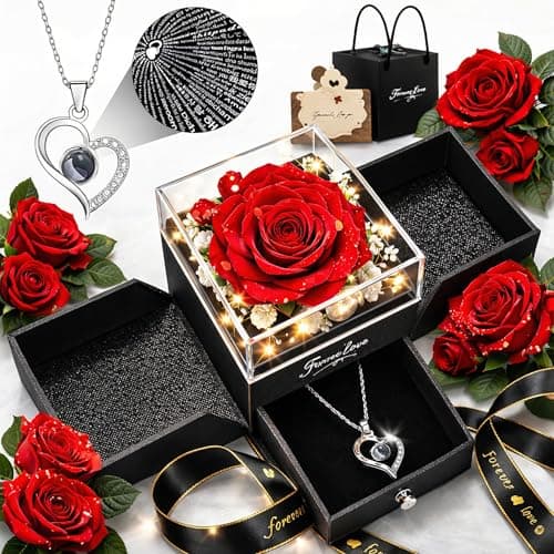 cdco Forever Love Preserved Real Rose with Heart Necklace, Mothers Day Gifts for Mom, Wife, Anniversary Birthday Gifts for Women – Projects “I Love You” in 100 Languages - Image 1