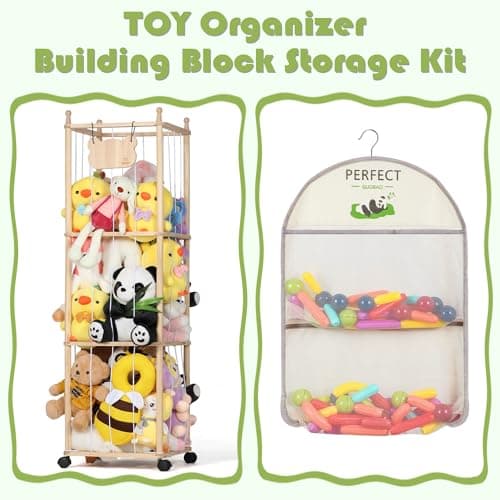 TOMSHUB Stuffed Animal Storage & Organizer, 54 inch Tall Wooden Cute Zoo Toy Holder with Building Block Storage Bag, Space Save Toy Holder with Elastic Cord for Toddler Rooms, Playrooms & Bedrooms - Thumbnail 2