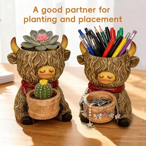 Cute Plant Pots Decor Gifts - Highland Cow Planter with Two Planters Animal Flower Pots with Drainage,Mini Succulent Pot for Home Desk Patio Decorations Outdoor Indoor Plants Pot Gift for Plant Lovers - Thumbnail 5