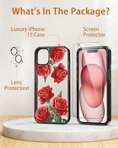 Sholbrak [3 in 1 Designed for iPhone 15 Case Red Rose Flower Floral Protective Phone Case Cover 6.1" Screen Protector + Camera Lens Protector【2X Military Grade Drop Tested / 6.6ft Drop Protection】 - Thumbnail 6