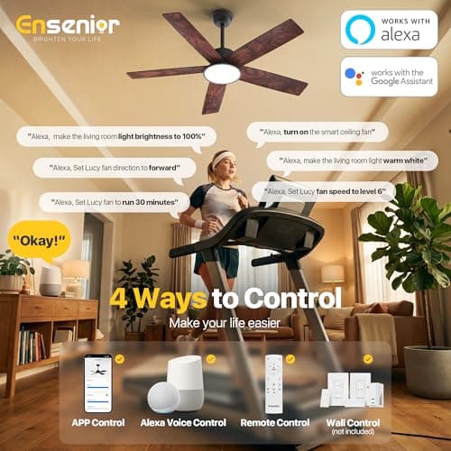 Ensenior 52 Inch Smart Ceiling Fans with Lights and Remote, Control via Alexa Google Voice App, 3000K-6000K Dimmable LED 6-Speed Reversible DC Motor Black Ceiling Fan for Bedroom Living Room, 5 Blades - Thumbnail 2