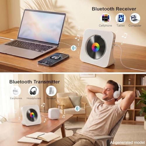 Gueray CD Player Portable Bluetooth Desktop CD Player for Home with Timer Built-in HiFi Speakers with LCD Screen Display Boombox FM Radio USB Type-c (White) - Thumbnail 2