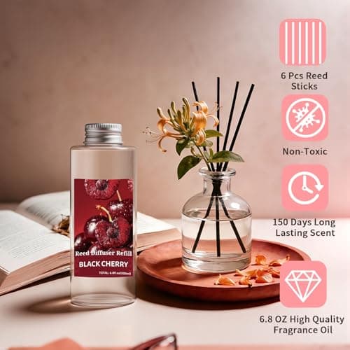 STRN Reed Diffuser Oil Refill, Black Cherry Scented Diffuser Oil Refills with 6 Reed Sticks 200ML(6.8fl.oz), Room Fresheners for Home, Long-Lasting Fragrance for Living Room, Bedroom, Office - Thumbnail 3