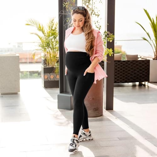 Leafigure Womens Maternity Leggings with Pockets, Pregnancy Buttery Soft Yoga Workout Pants Navy X-Large - Thumbnail 3