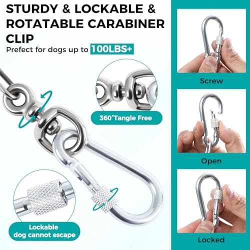 Libbipaw Heavy Duty 15FT Galvanized Dog Chain for Yard, Chew Proof Rust Resistant Tie Out Cable with 360° Swivel Hook, Tangle Free Runner Leash for Dogs up to 100lbs (3MM 15FT) - Thumbnail 2