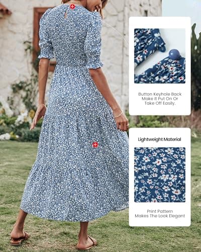 BTFBM Women Casual Summer Dresses 2025 Spring Crew Neck Ruffle Short Sleeve Floral Print Smocked Boho Flowy Maxi Dress(Floral Blue White, Medium) - Thumbnail 4