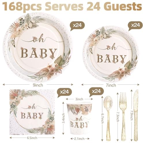 Gudvilla 168 Pcs Boho Its A Girl Baby Shower Decorations, Boho Baby Shower Plates and Cups and Napkins Sets, for Baby In Bloom Oh Baby Western Girl, Summer Fall Woodsy Rustic Neutral, Serves 24 - Thumbnail 3