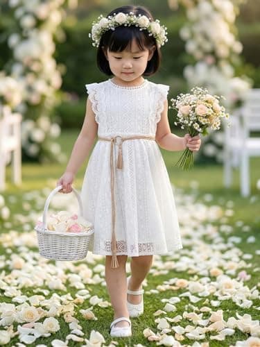 ALLOVIN Toddler and Girls Vintage Boho A-Line Lace Dress with Belt Pom Pom Trim Birthday Party Dress | White | 6-7Y - Thumbnail 4