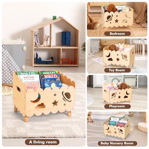 Kids Bookshelf, Montessori Toddler Bookshelf for Kids 2 Adjustable Dividers - Thumbnail 4