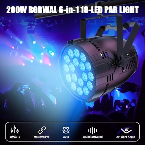 DazzlingStage 200W Stage Lights, RGBWAL 6IN1 Par Lights, Professional 18 LED DMX512 Sound-Activated Controlled LED Par Can, 6/10CH Uplights for Theater Studio Concert Stage DJ Party - Thumbnail 2