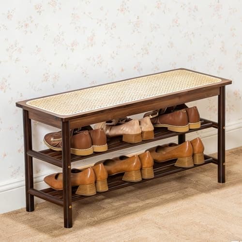latifolia Shoe Rack Bench, 3-Tier Bamboo Shoe Bench with Breathable Rattan Seat Cushion, Shoe Storage Rack for Entryway(Walnut,31.50''L)