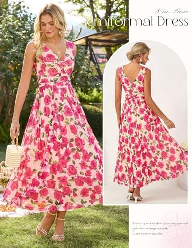 GRACE KARIN Women's Summer Sleeveless Maxi Dress V Neck Floral Wedding Guest Dress Beach Vacation Clothes Pink Floral XL - Thumbnail 5