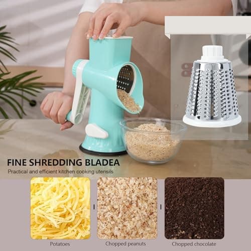 Rotary Cheese Grater with Handle-Versatile Cheese Grater Non-Slip Suction Base,Cheese Shredder & Food Slicer for Cheese,Carrots, Cucumbers,Nuts-Compact & Easy Clean Kitchen Kitchen Tool (blue) - Thumbnail 3