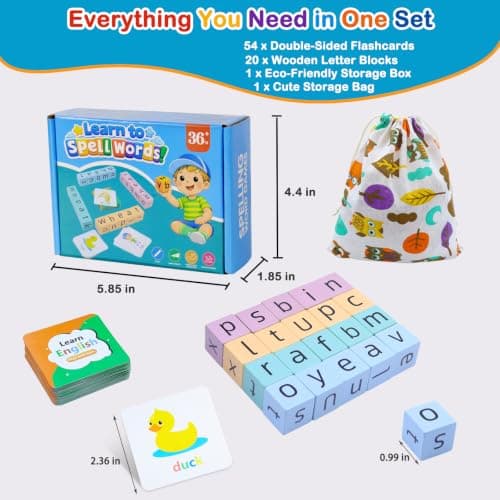 Humerry Spelling Games for Kids Ages 3-8, Phonics Matching Game with 54 Flash Cards & 20 Letter Blocks, CVC & Sight Word Building Reading Game, Classroom Must Haves for Preschool & Kindergarten - Thumbnail 4