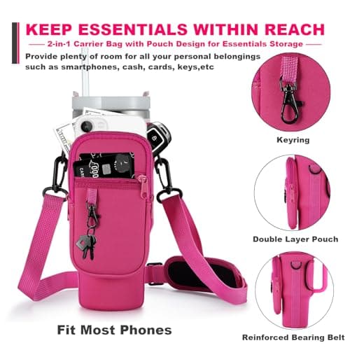 BULKITEM Water Bottle Carrier Bag with Phone Pocket for Pink Stanley 40 oz Tumbler with Handle, Hot Pink Insulated Neoprene Cup Holder Pouch Strap for Valentines Stanley Cup Accessories - Thumbnail 3