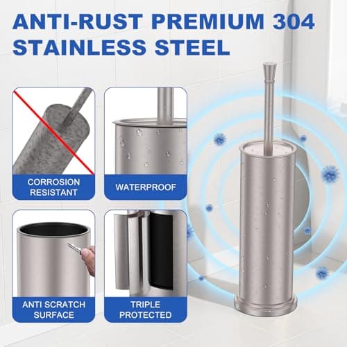 Toilet Brush and Holder Set：304 Stainless Steel Heavy Duty Toilet Bowl Brush，Removable Inner Bowl and Splash Protection，Bathroom Toilet Brush-Dense Bristles for Through Cleaning - Thumbnail 2