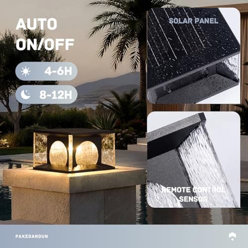 PAKEDANDUN Glass Solar Post Lights, 11.81'' Large Solar Pillar Lights Outdoor Waterproof, 3000K LED Outdoor Column Light with E26 Bulb, Modern Square Column Lamp for Gate Driveway Patio Garden - Thumbnail 4