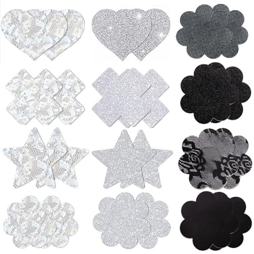 Glitters Pasties Nipple Covers for Women Disposable Sticky Breast Petals for Rave Party 12 Pairs(Black & Silver) - Image 1