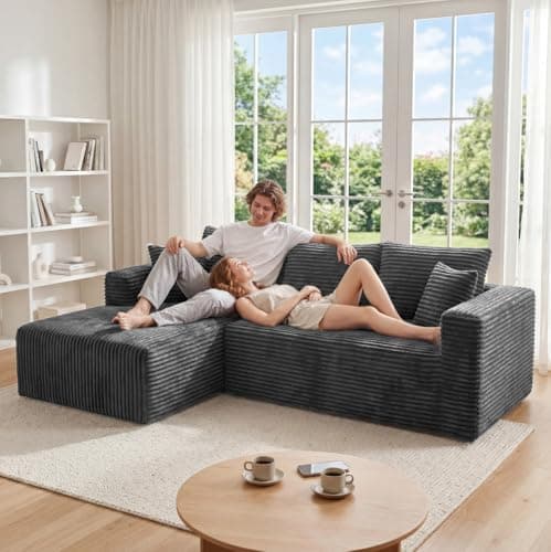 92.5" Modualr Sectional Sofa, L-Shaped Corduroy Cloud Couch with Chaise, Upholstered Boneless Couches for Living Room Bedroom, No Assembly Required - Grey(Left Facing Chaise) - Thumbnail 3