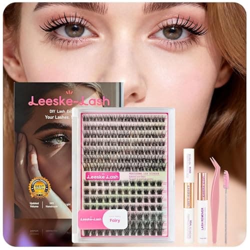 LEESKELASH DIY Lash Extension Kit,Breeze Wispy Cluster Eyelash Extensions,D Curl 10-16mm Individual Lash Clusters with Lash Bond and Seal,Tweezers for Self-Application (Natural Fairy)