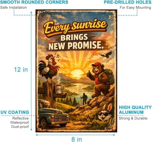 Every Sunrise Brings New Promise Tin Sign Vintage Morning Landscape Bear Rooster Coffee Camper Nature Art Rustic Metal Wall Decor Inspirational Plaque Cabin Farmhouse Home Gift 8x12 Inch - Thumbnail 6