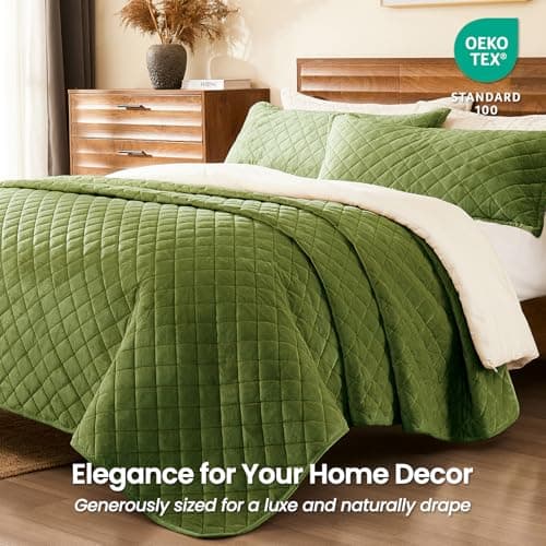L'AGRATY Velvet Quilt Queen Size: 3-Piece Reversible Luxury Velvet Bedding Comforter Set - Lightweight Oversized Quilted Bedspread Coverlet with 2 Pillow Sham for All Season - Olive Green Quilt - Thumbnail 2