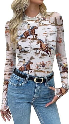 Mesh Long Sleeve Shirts for Women See Through Graphic Tees Sexy Costumes Y2k Mock Christmas Party Outfits Western Rodeo Tops White - Image 1