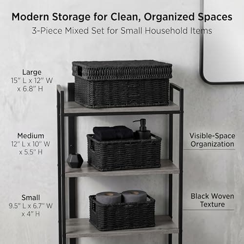 GANLUX Wicker Storage Basket with Lid - Woven Basket for Storage,Rectangular Decorative Boxes Bins with Lids for Shelves,living room, Nursery, 3 baskets+1 lids(Black) - Thumbnail 3