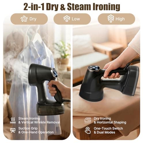Vacuum Steamer for Clothes Handheld: 2500–3600Pa Adjustable Suction, No Leak & Stable Steam, Steaming & Ironing Portable Travel Garment Steamer, 400ml Tank, 4 Modes, 15s Heat-Up, 110-120V - Thumbnail 5