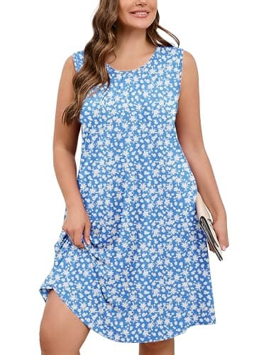 AusLook Plus Size Floral Midi Dress for Women Sleeveless Casual Summer Tank 1X Dress with Pockets Round Neck A-Line Swing Flowy Vacation Beach Sundress - Image 1