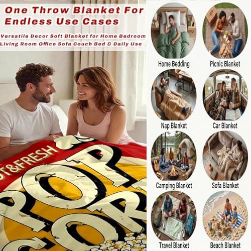 Popcorn Throw Blanket Gifts for Movie Lovers, Soft Cozy Flannel Decorative Vintage Film Cinema Themed Blanket for Movie Room Couch Bed Sofa Office Travel Nap Birthday Christmas Holiday Present 50"x60" - Thumbnail 5