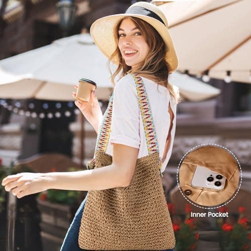 Women Straw Bags Summer Beach Tote Bag Handmade Woven - Thumbnail 5