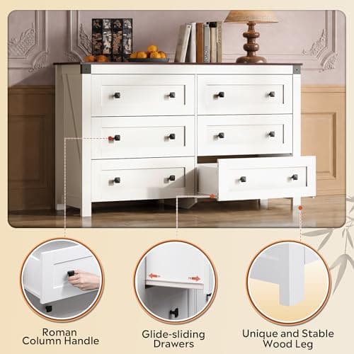 GALAXHERO Farmhouse TV Stand, 53.07'' Wide 6-Drawer Wood Storage Unit, with Double Rustic Handle, TV Console for 60 inch TV, Modern Storage Organizer for Living Room, Office, White - Thumbnail 3