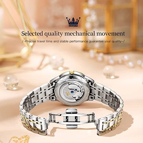 OLEVS Automatic Watches for Women Blue Face Elegant Self Winding Womens Watch Moon Phase Stainless Steel Waterproof Watch Luminous Mechanical Ladies Watches - Thumbnail 6