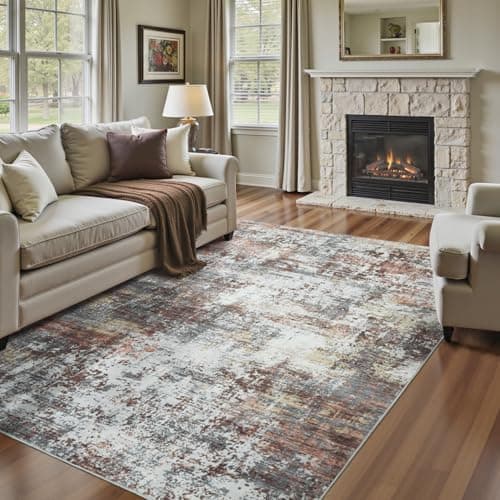 Carpelux 5x7 Area Rugs, Abstract Modern Machine Washable Rugs for Living Room, Neutral Soft Non-Slip Thin Print Floor Carpet for Bedroom Kids Room, Rust Red - Image 1