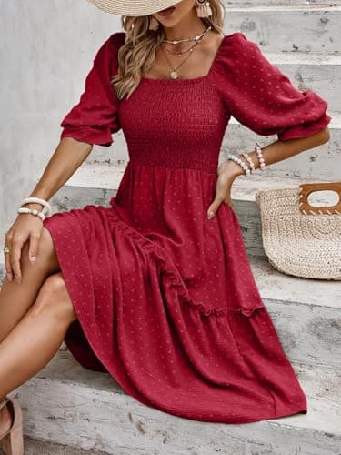 PRETTYGARDEN Women's Summer Casual Midi Dresses 2026 Spring Puff Sleeve Square Neck A Line Flowy Boho Smocked Beah Vacation Dress (Red,2XL) - Thumbnail 6