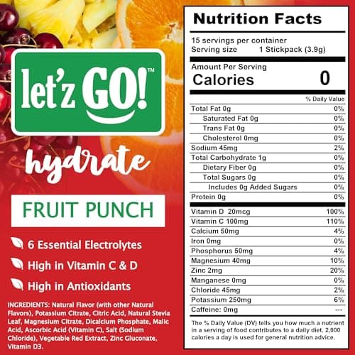 Let'z Go! Hydrate- Natural Hydration + Electrolyte Drink Mix- Hydration + Electrolytes + Antioxidant Powder Packets, Natural Flavors, Vitamins C + D | No Sugar | No Calories | (15 Count) Fruit Punch - Thumbnail 2