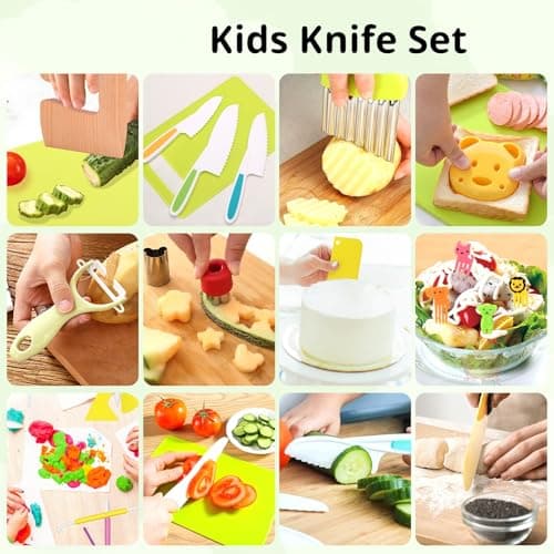 23 Pcs Kids Knife Set for Real Cooking, Montessori Kitchen Toys for Toddlers Kids Cooking Sets, Toddler Knife Set with Plastic Children Safe Knives, Wooden Knife, Potato Slicers, Peeler, Cutting Board - Thumbnail 6