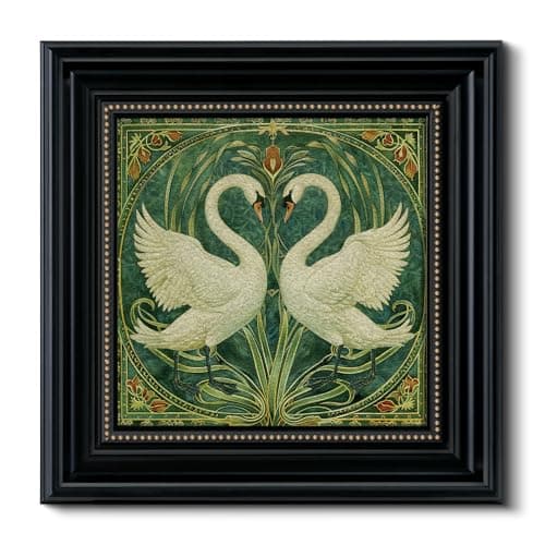 Vintage 3D Textured Romantic Swan Couple Wall Art 16x16, Victorian Framed Swan Art Painting Sandstone Surface, Classic Black Frame with Gold Dots, Art Nouveau Animal Print Shop Home Decor - Image 1
