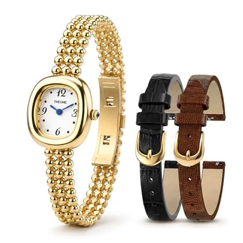 TMEGMIC Women's Watch with Interchangeable Bands, Vintage Soft Pale Gold Bracelet Watch for Women, Small Elegant Dial with Quick Release Genuine Leather Straps, Minimalist Jewelry Timepiece (Soft Pale Gold - Black & Brown Bands) - Image 1