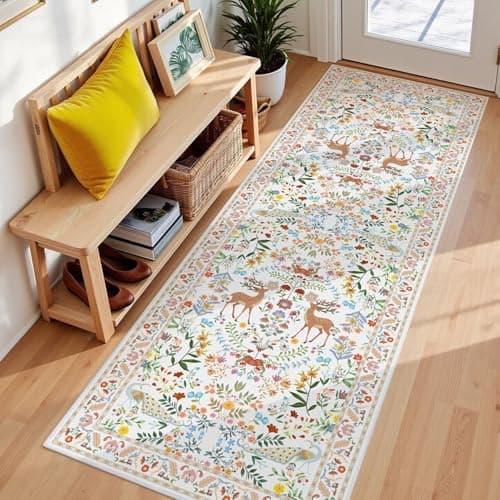 Lunasun 2x6 White Runner Rug for Kitchen, Entry Way - Bathroom Runners, Non Slip Washable Floral Print Home Decor - Image 1