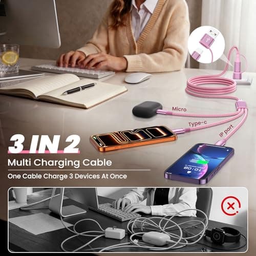 MPATIBY 6 in 1 Multi Charging Cable for Multiple Devices, Travel Cruise Essentials, Car Charger USBA/USB C Cable Phone Charger Cord for iPhone17-12, Galaxy S26/Android/iPad and More (2Packs, 5FT) - Thumbnail 2