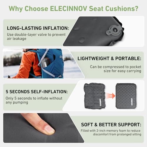 Inflatable Seat Cushion, Self Inflating Memory Foam Stadium Seat Cushion Lightweight Camping Chair Pad Airplane Cushion for Long Flights Outdoor Travel Bleacher Office Car Backpacking (Grey) - Thumbnail 3