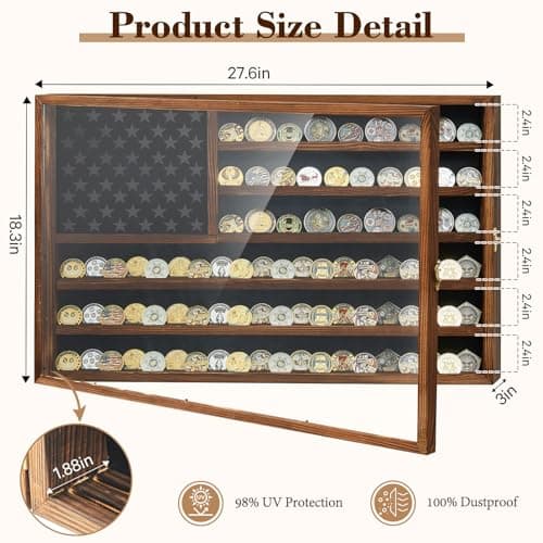 Challenge Coin Display Case, 27.6" x 18.3" Lockable Military Coin Holder Cabinet with Removable Star Board, Solid Wood Coins Cases for Collectors Plexiglass Coins Rack Stand - Thumbnail 2